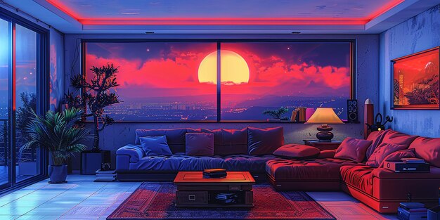 a painting of a sunset is on a wall