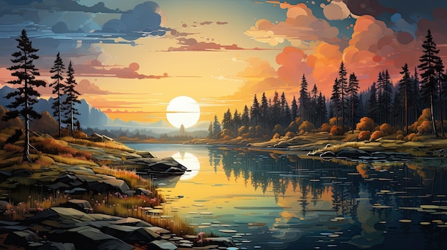 A painting of a sunset over a lake generative ai image