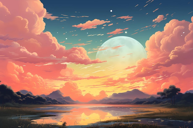 A painting of a sunset over a lake and mountains