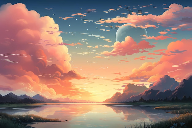 A painting of a sunset over a lake and mountains