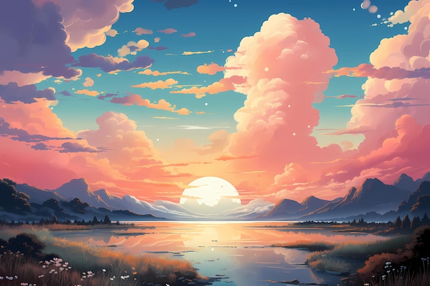 A painting of a sunset over a lake and mountains