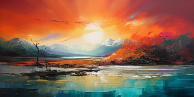 Painting of a sunset over a lake with a boat in the water generative ai