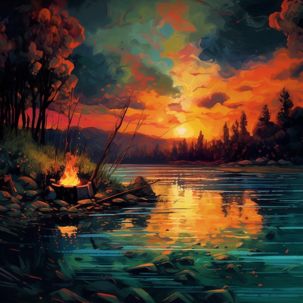 Картина заката над озером с огнем в лагере
