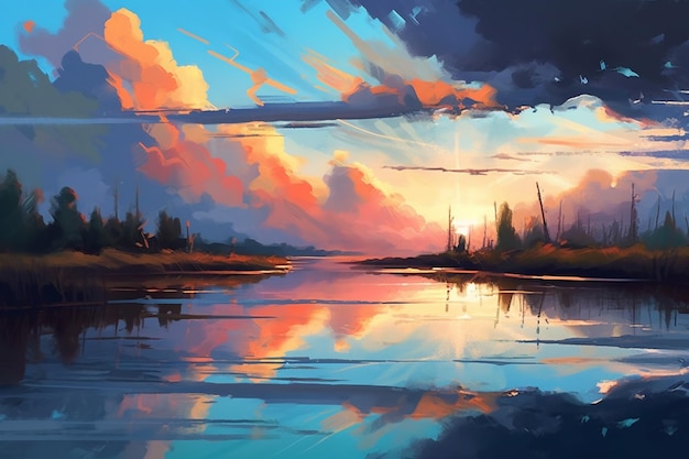 A painting of a sunset over a lake with a cloudy sky and trees.