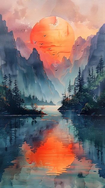 A painting of a sunset over a lake with mountains in the background