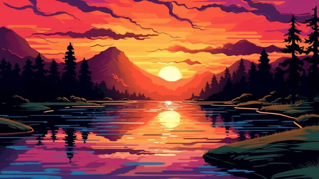 A painting of a sunset over a lake with mountains and trees generative ai