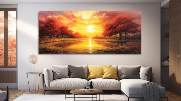 A painting of a sunset over a lake with a tree in the foreground.