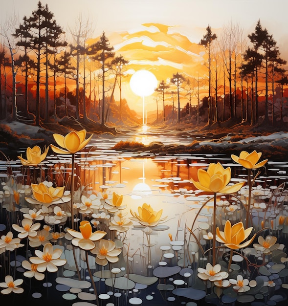 painting of a sunset over a lake with yellow flowers generative ai