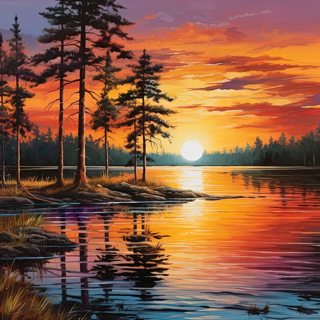 A painting of a sunset over a lake