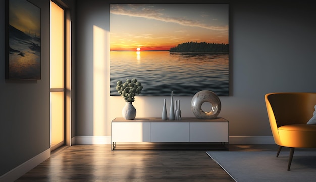 Photo a painting of a sunset over a lake