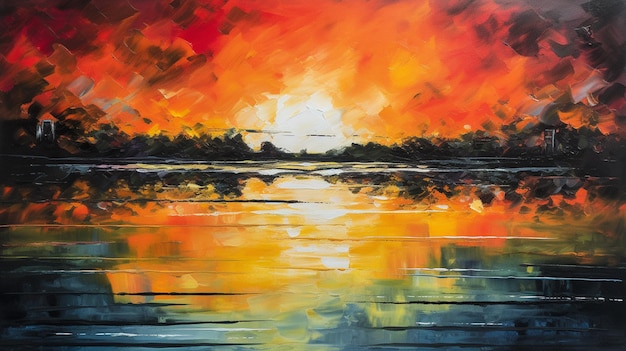 A painting of a sunset over a lake