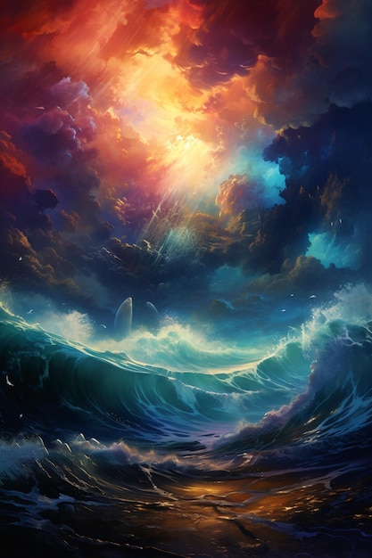 Painting of a sunset over a large body of water generative ai