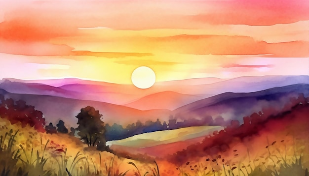 A painting of a sunset in a mountain landscape