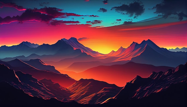 山脈に沈む夕日の絵生成 AI