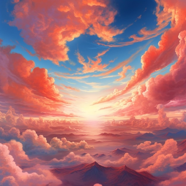 Painting of a sunset over a mountain range with a boat in the water generative ai