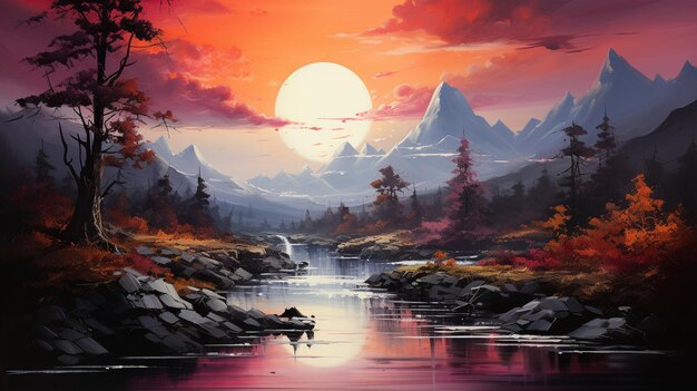 painting of a sunset over a mountain river with a boat generative ai