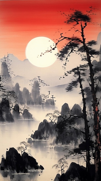 Painting of a sunset over a mountain with a lake and trees generative ai