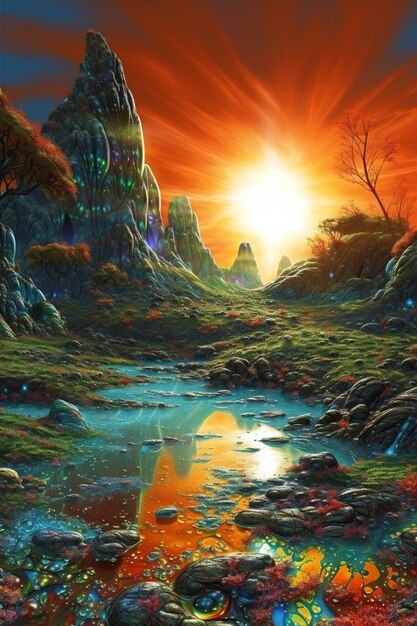 Painting of a sunset over a mountain with a stream of water generative ai