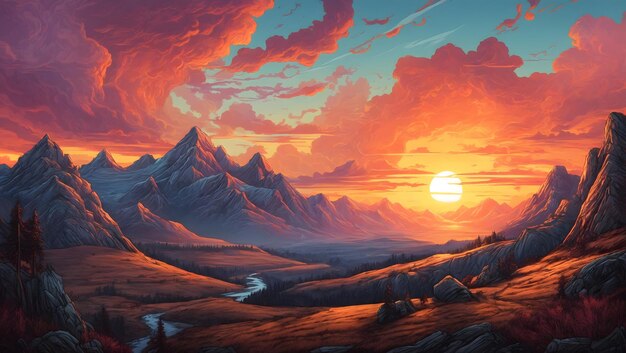 A painting of a sunset in the mountains apocalypse landscape