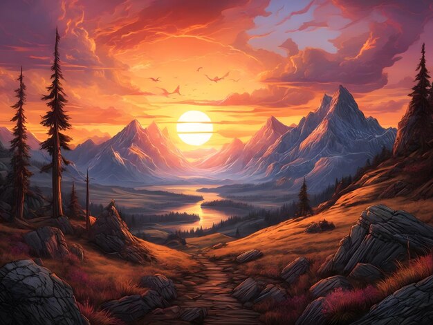 A painting of a sunset in the mountains apocalypse landscape