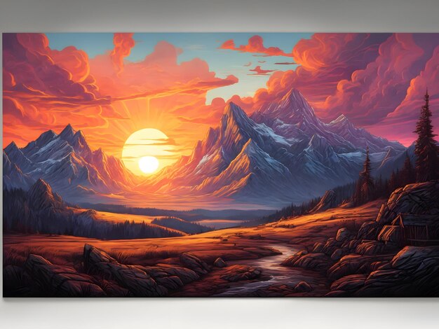 A painting of a sunset in the mountains apocalypse landscape