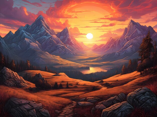 A painting of a sunset in the mountains apocalypse landscape