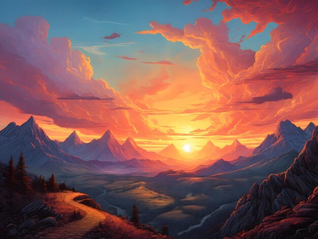 A painting of a sunset in the mountains apocalypse landscape