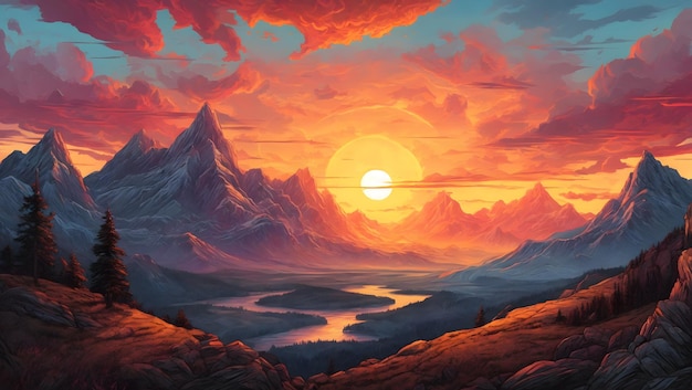 A painting of a sunset in the mountains apocalypse landscape