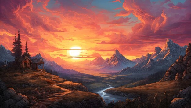 A painting of a sunset in the mountains apocalypse landscape