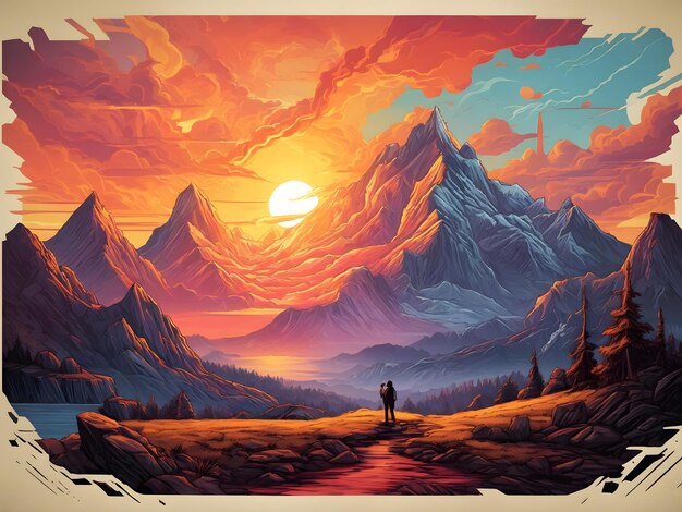 A painting of a sunset in the mountains apocalypse landscape