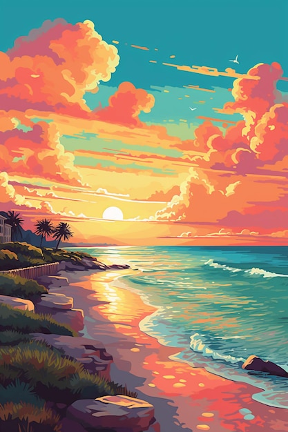 Painting of a sunset over the ocean with a beach and a house generative ai