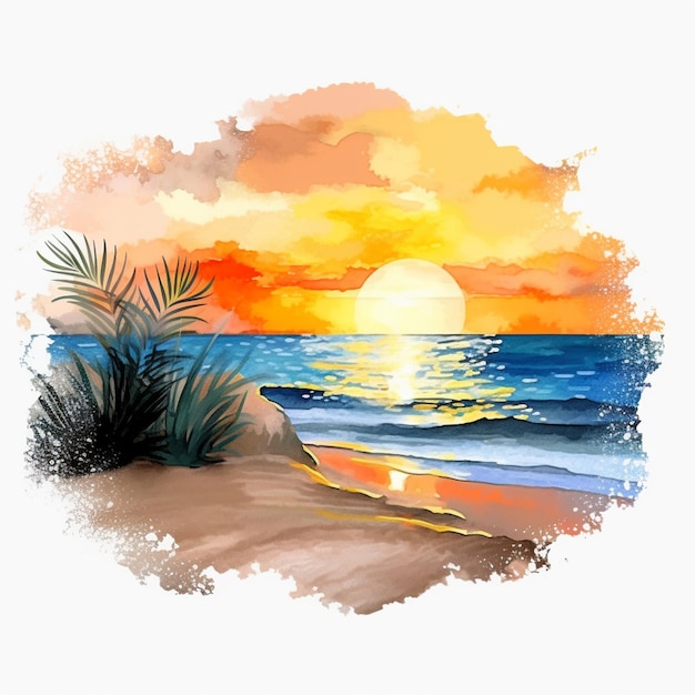 Painting of a sunset over the ocean with a beach and palm trees generative ai