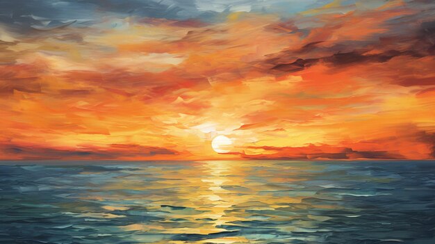 painting of a sunset over the ocean with a boat in the water generative ai