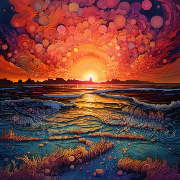 Photo painting of a sunset over the ocean with bubbles floating in the sky generative ai