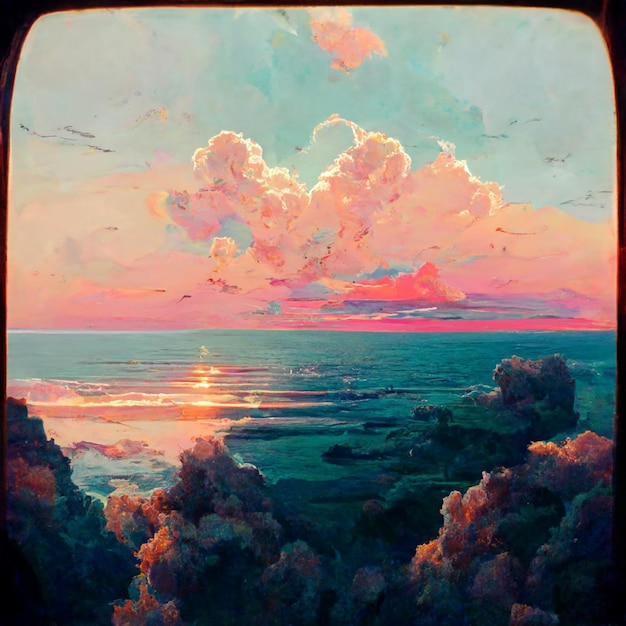 A painting of a sunset over the ocean with a cloudy sky in the background.