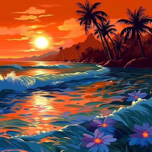 Painting of a sunset over the ocean with flowers and palm trees generative ai