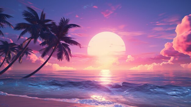 A painting of a sunset over the ocean with palm trees