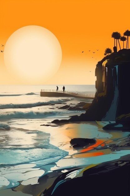 Painting of a sunset over the ocean with people walking on the beach generative ai