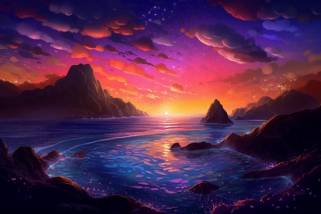 painting of a sunset over the ocean with rocks and mountains generative ai