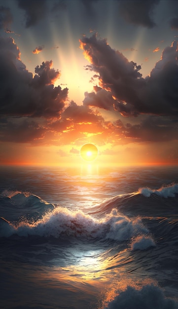 A painting of a sunset over the ocean with the sun setting over the ocean.