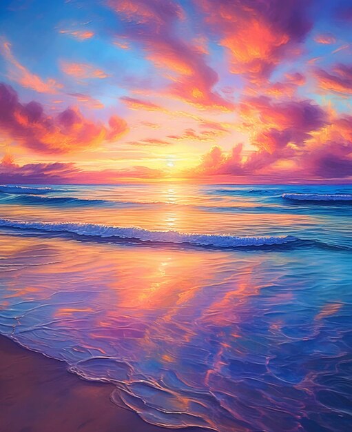 painting of a sunset over the ocean with a wave coming in generative ai