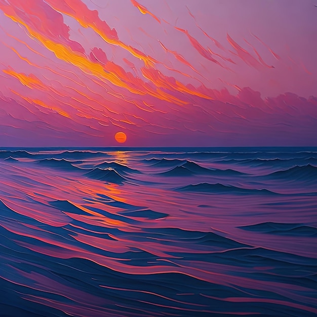 Photo painting of a sunset over the ocean with a wave coming in