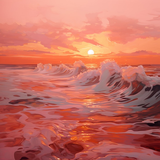 painting of a sunset over the ocean with waves coming in generative ai