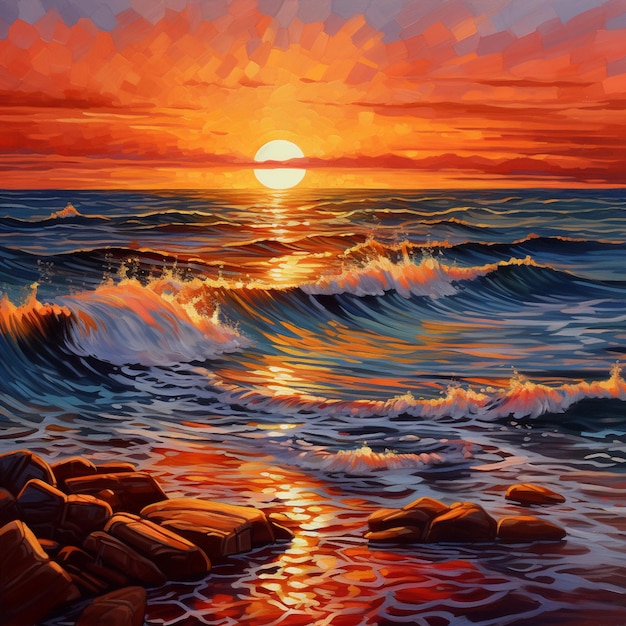 海の上の日没と波の衝突を描いた絵