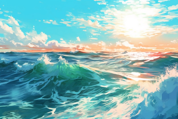 Painting of a sunset over the ocean with waves generative ai