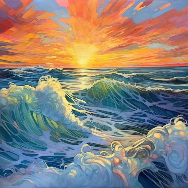 Painting of a sunset over the ocean with waves generative ai