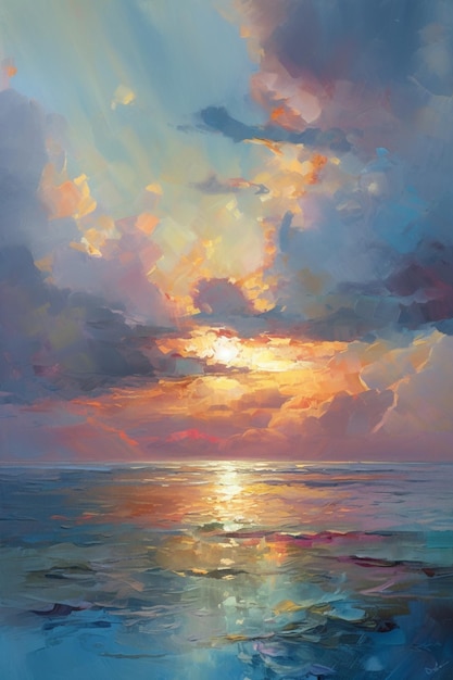 A painting of a sunset over the ocean