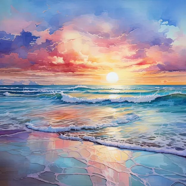 A painting of a sunset over the ocean