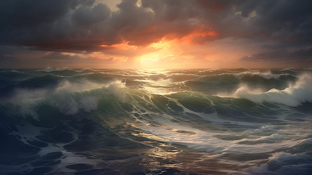 A painting of a sunset over the ocean