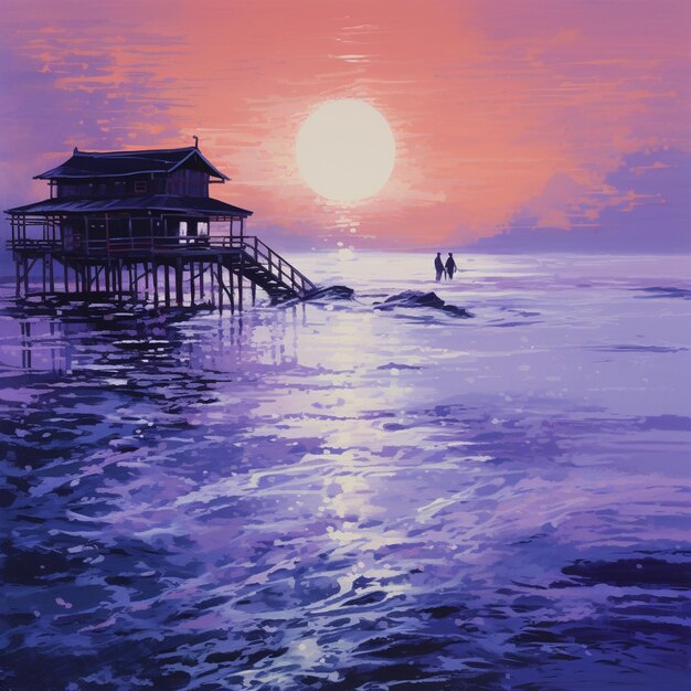 Photo painting of a sunset over a pier with a couple walking on the beach generative ai